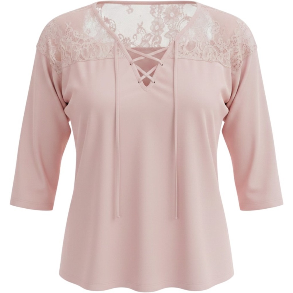 Olivia Sky 1X Pink Lace Yoke Top Lace Up V Neck 3/4 Sleeve Blouse Plus Size